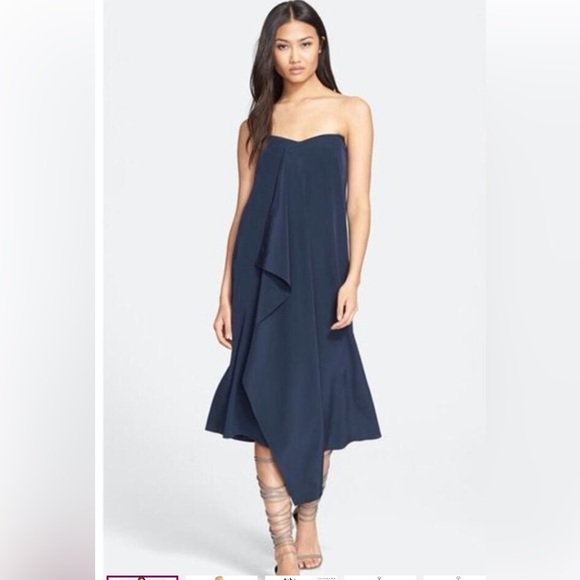 Tibi Silk Strapless Towel Dress in Navy - Picture 1 of 11